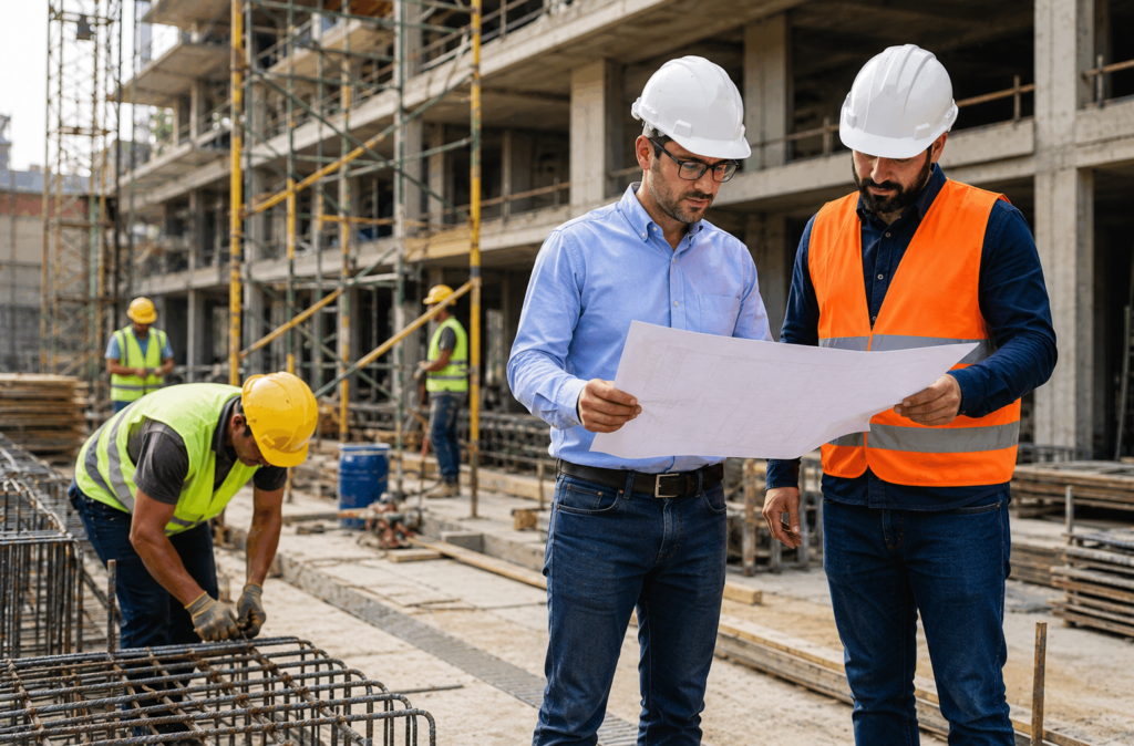 trabajadores y profesionales desarrollando una obra